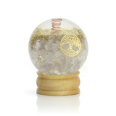 Globo decorativo transparente com cristais e base de madeira