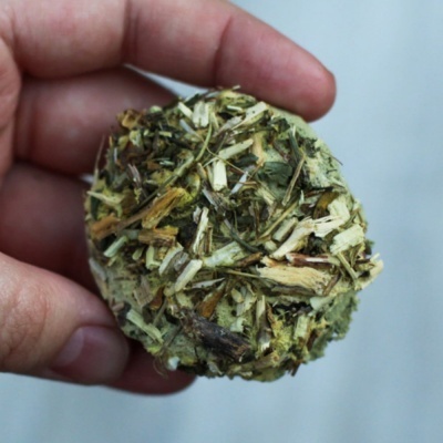 Discóide de ervas secas segurado por uma mão