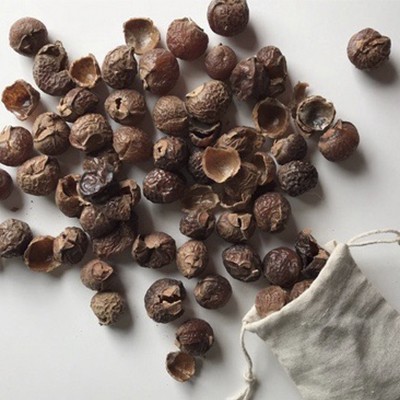 Frutos secos castanhos com textura rugosa com saco de pano aberto