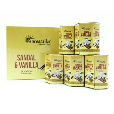Caixas amarelas de incenso Aromatika Sandal & Vanilla com imagens de baunilha e sândalo