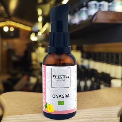 Frasco de óleo vegetal Onagra Valentina Body Care em frasco de vidro castanho com dispensador preto