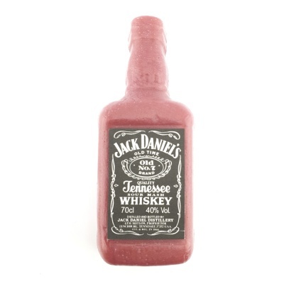 Garrafa decorativa rosa em forma de garrafa de whiskey Jack Daniel's com rótulo preto e branco