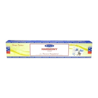 Caixa de incenso Satya Harmony amarela e azul com texto e imagens de ervas