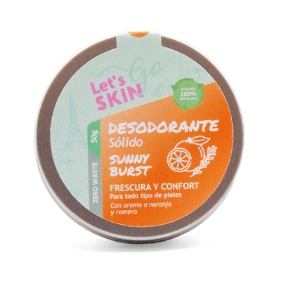Desodorizante sólido Sunny Burst em embalagem redonda com rótulo azul claro e laranja
