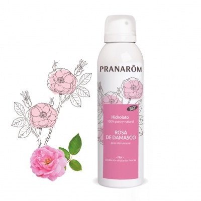 Frasco de hidrolato de rosa de damasco Pranarôm com ilustrações de rosas