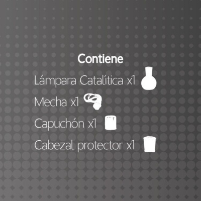 Conteúdo listado em texto branco num fundo cinzento com padrão de pontos com ícones de lâmpada, mecha, capucho e cabezal protector.