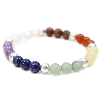 Pulseira colorida de pedras semipreciosas e esferas prateadas sobre fundo branco