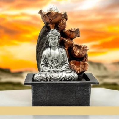 Fonte decorativa com figura de Buda e cascatas em resina sobre base preta