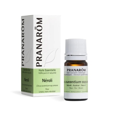 Frasco de óleo essencial Neroli da Pranarôm com embalagem branca e verde