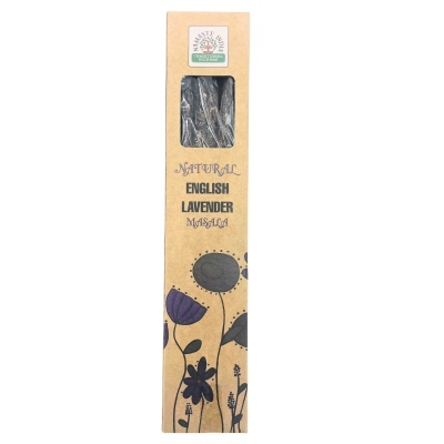 Embalagem de incenso Natural English Lavender Masala com janela transparente e ilustrações de flores.