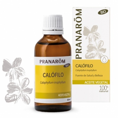 Frasco de óleo Calófilo da Pranarôm com embalagem ao fundo, amarelo e branco