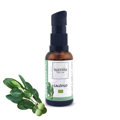 Frasco de óleo vegetal Valentina Body Care Calófilo com doseador preto e ramo verde