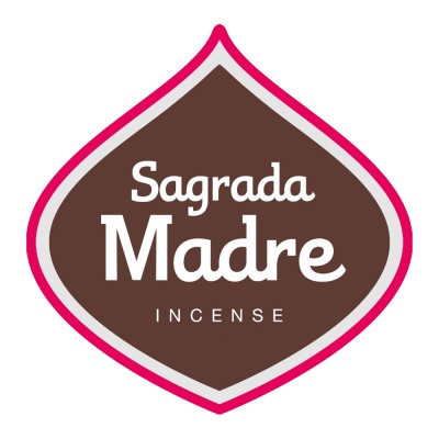 Logotipo Sagrada Madre INCENSE em gota castanha com borda rosa