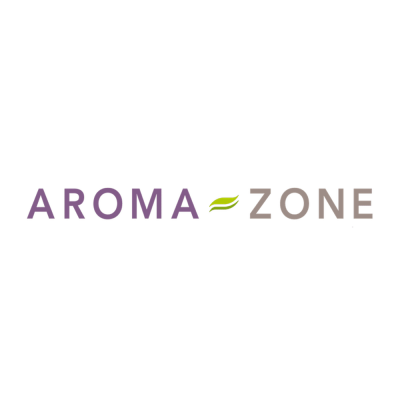 Logótipo 'AROMA ZONE' com folha verde entre as palavras