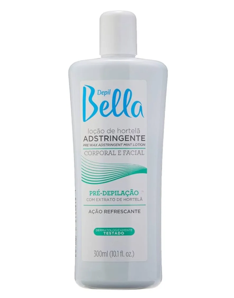 Frasco branco de plástico com loção Depil Bella hortelã
