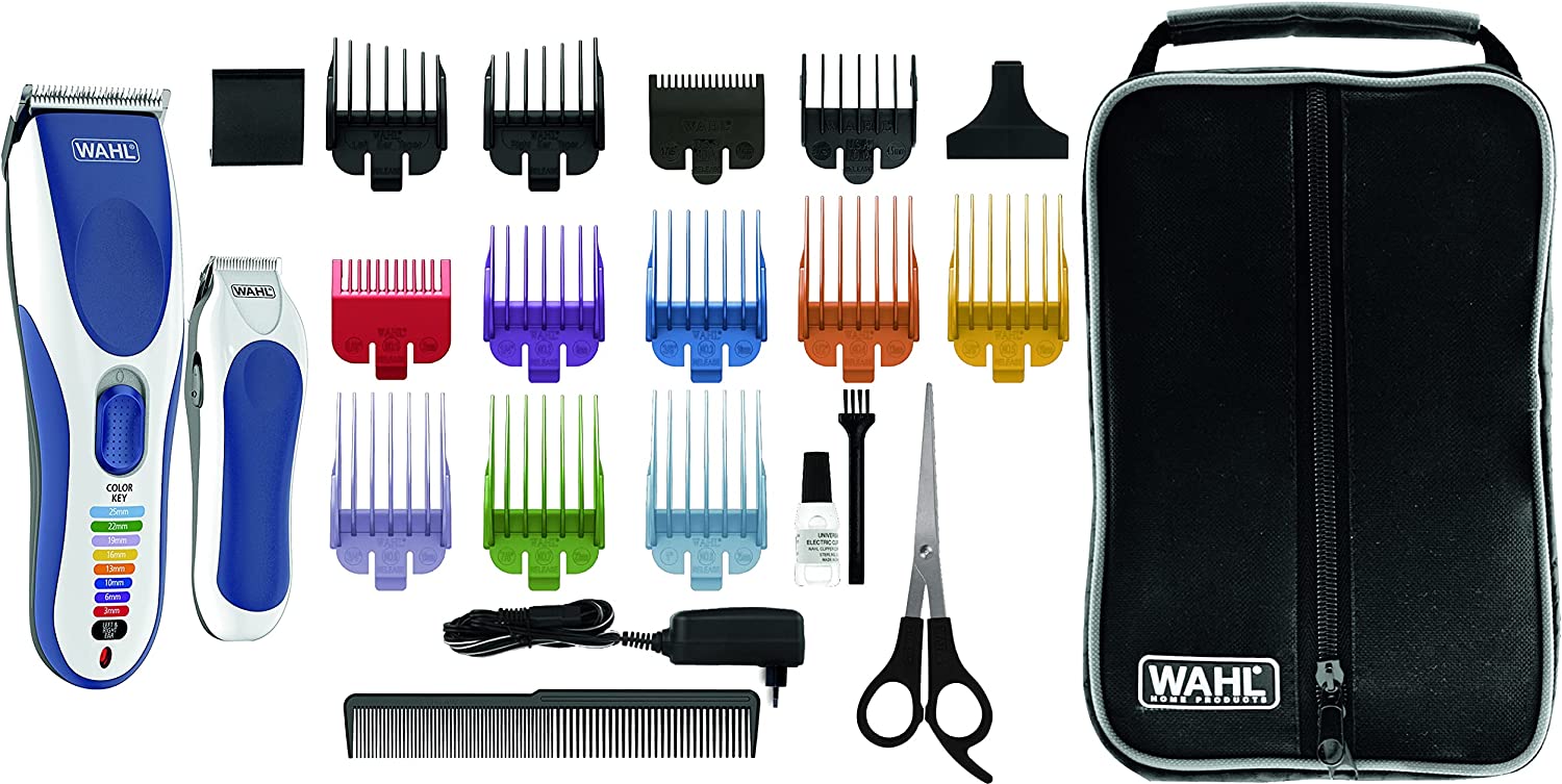 Conjunto de máquinas de cortar cabelo WAHL com acessórios coloridos e estojo preto