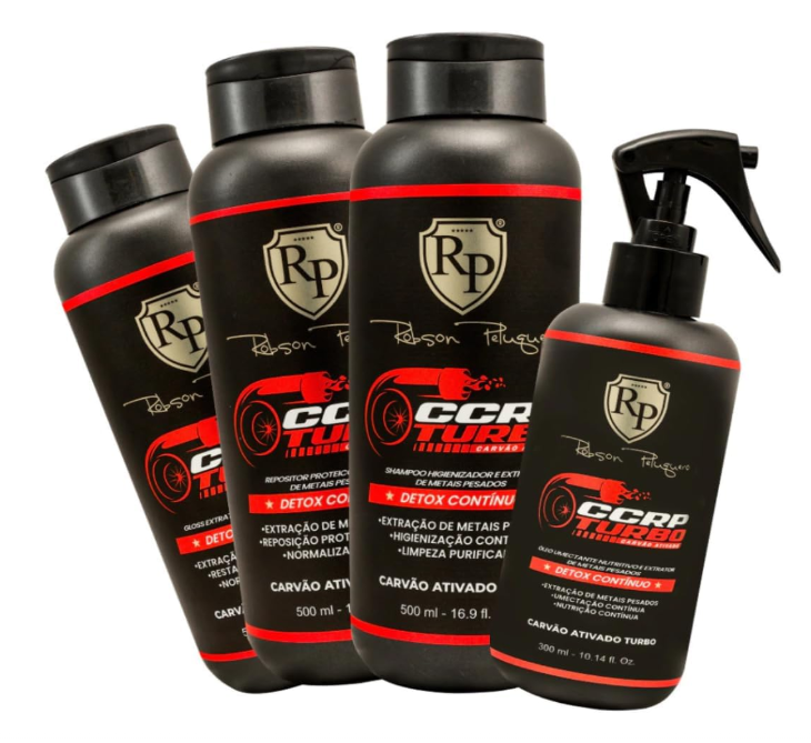 Produtos capilares Robson Peluquer com embalagem preta, detalhes vermelhos e texto em branco