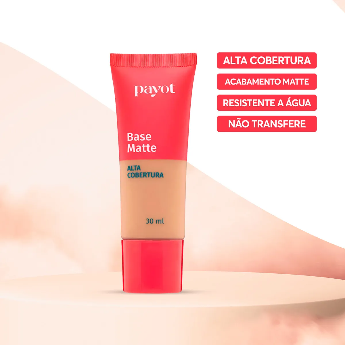 Tubo de Base Matte da Payot com indicações de alta cobertura, acabamento matte, resistente à água e não transfere