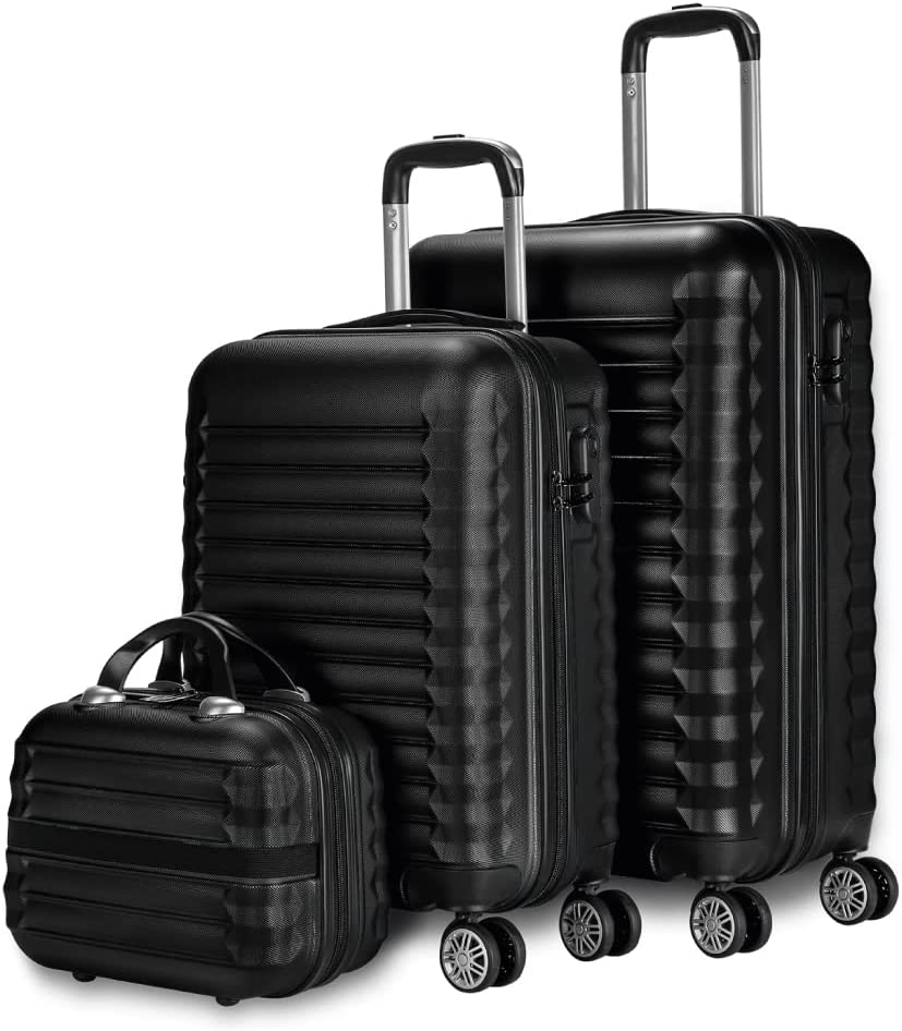 Conjunto de três malas de viagem rígidas pretas com rodas e hastes retráteis