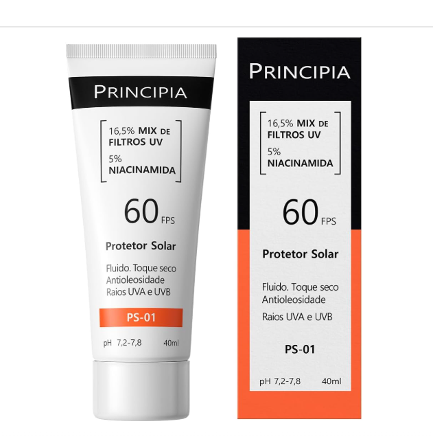 Protetor solar PRINCIPIA FPS 60 com niacinamida, embalagem branca e preta com detalhes laranja