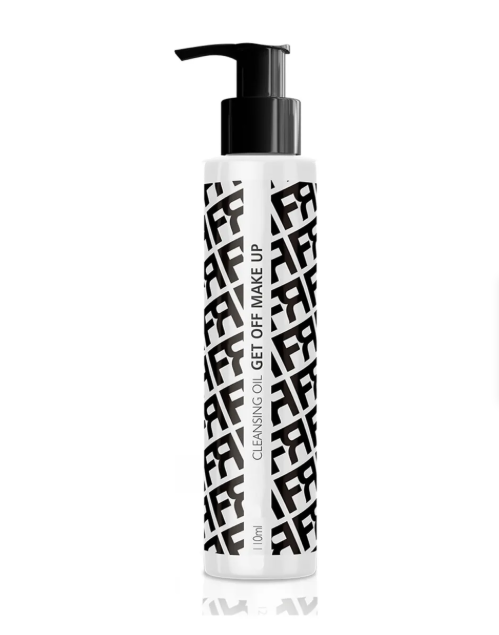 Frasco branco com doseador preto e padrão preto com texto vertical CLEANSING OIL GET OFF MAKE UP