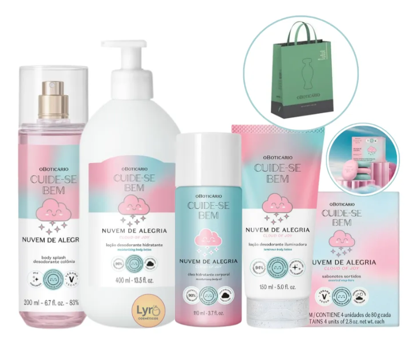 Produtos de corpo O Boticário Cuide-se Bem Nuvem de Alegria com embalagem e saco verde.