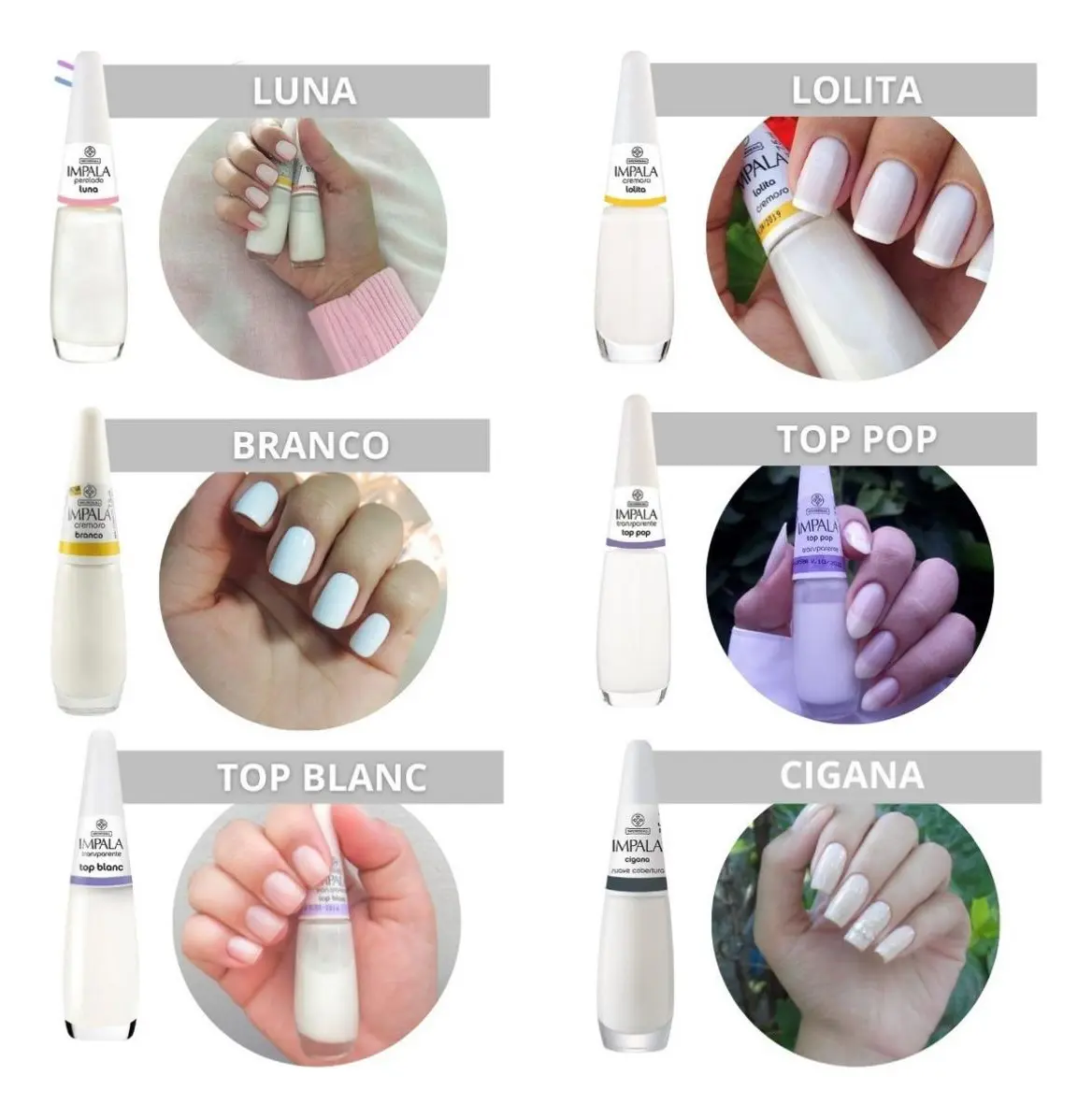 Seis vernizes de unhas Impala com diferentes tons claros mostrados em unhas aplicadas.