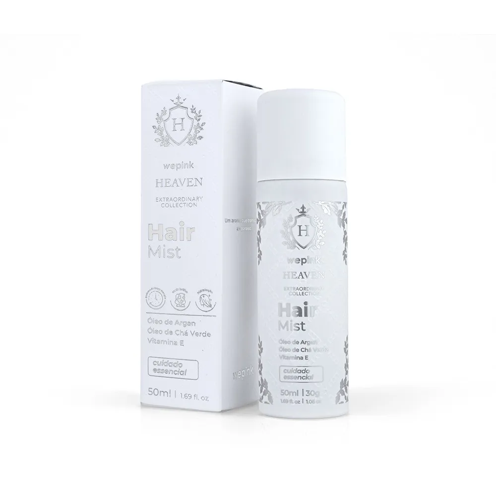 Spray Hair Mist Wepink Heaven em embalagem branca com detalhes prateados