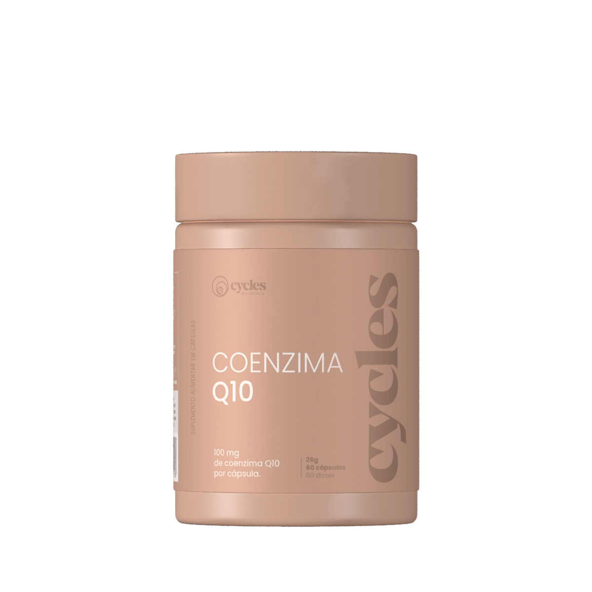Frasco de suplemento com rótulo bege Coenzima Q10 da Cycles Nutrition