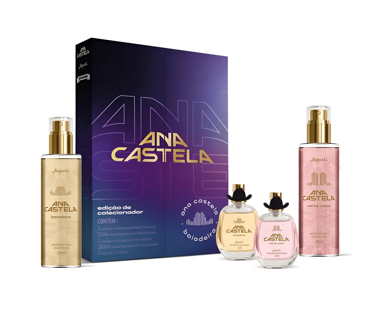 Conjunto de cosméticos Ana Castela com frascos spray e perfume em embalagem azul escura.