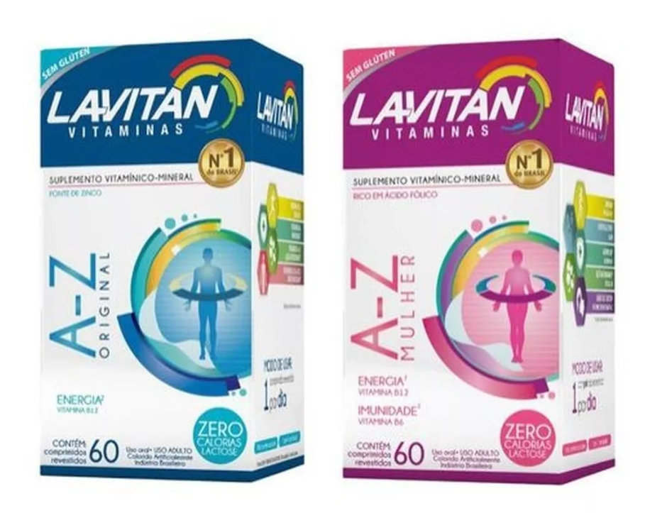 Caixas de Lavitan Vitaminas A-Z Original azul e A-Z Mulher rosa, suplementação vitamínica e mineral.