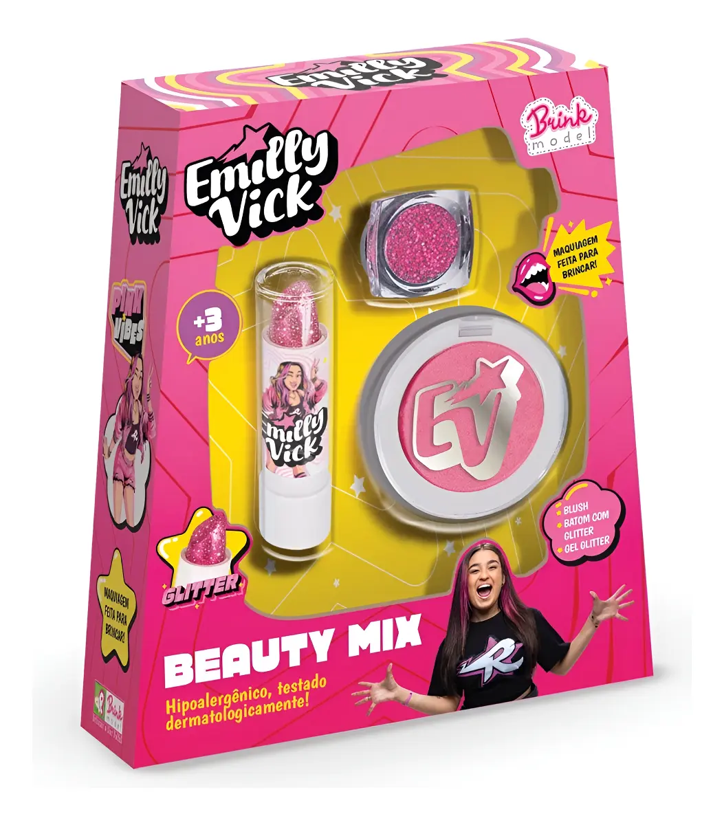 Kit de maquilhagem infantil Emilly Vick com blush e glitter em embalagem rosa e amarela
