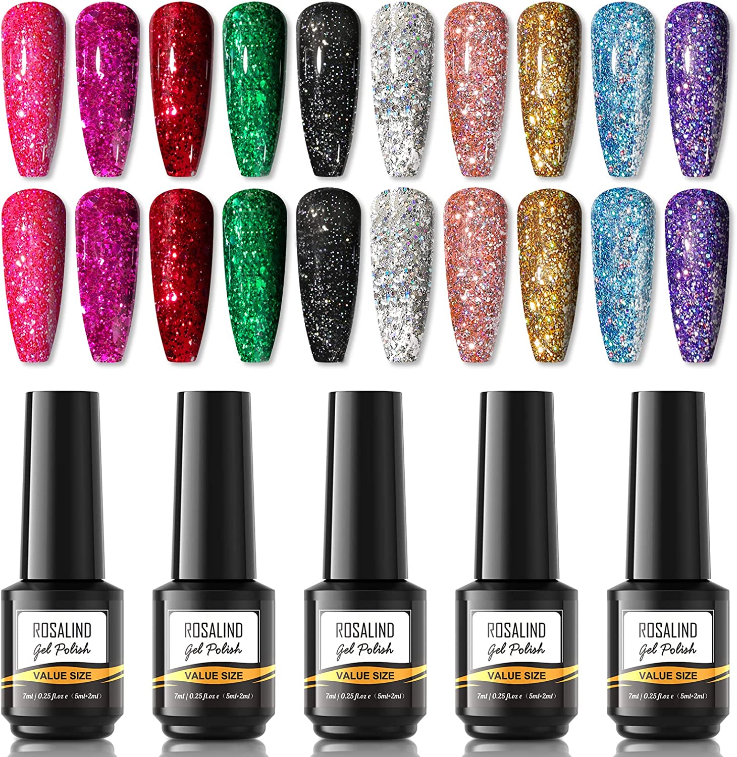 Verniz gel colorido e unhas postiças brilhantes de várias cores