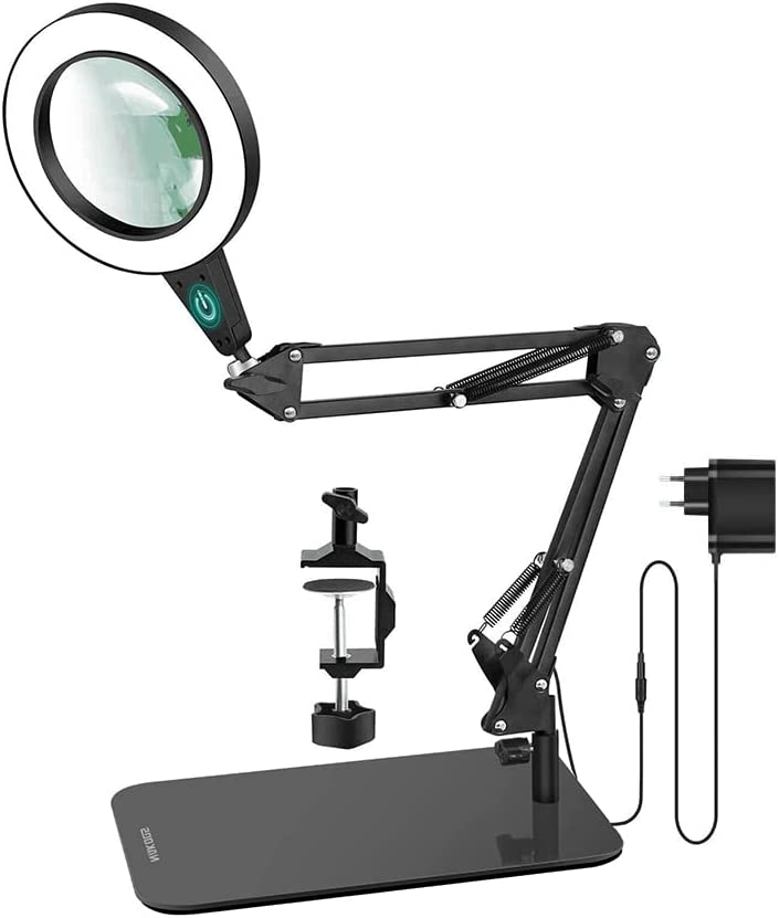 Lupa de bancada com luz LED e suporte ajustável preto
