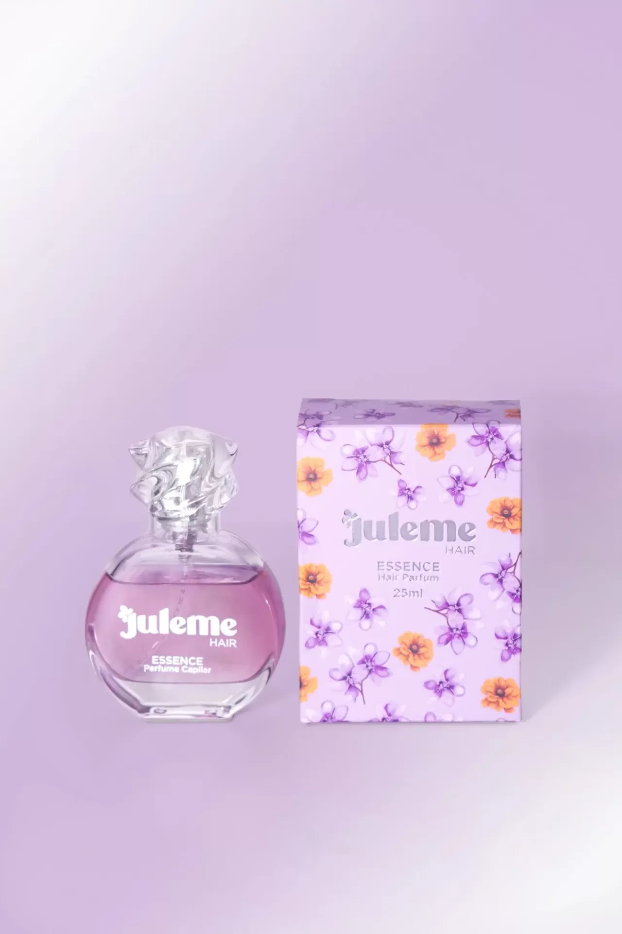 Frasco de perfume capilar e caixa floral lilás