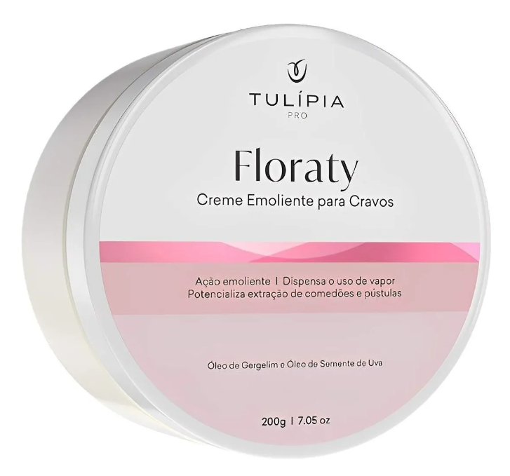 Creme emoliente Floraty Tulípia Pro com embalagem branca e rosa
