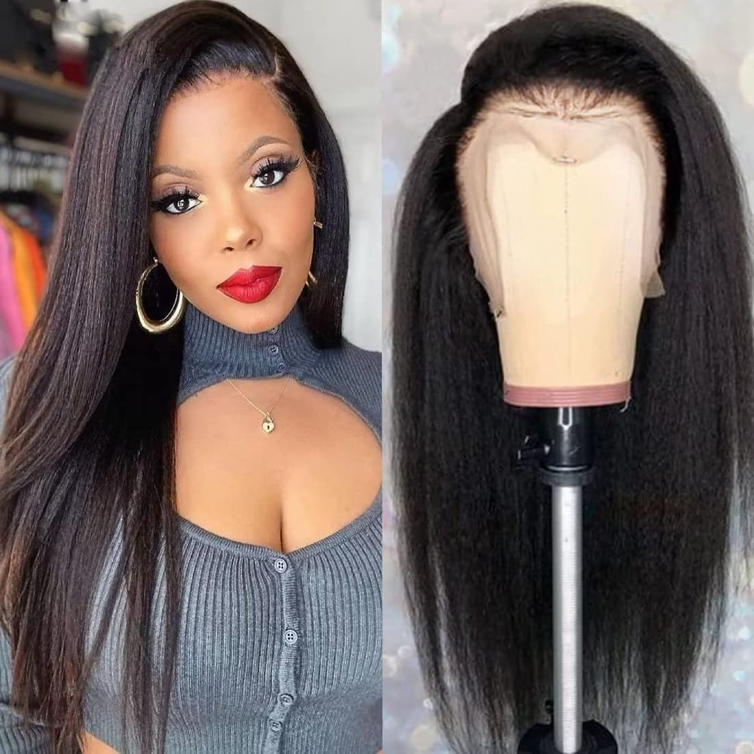 Peruca de cabelo liso preto usada por mulher e montada num suporte