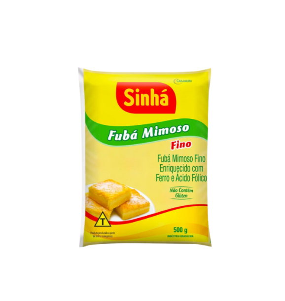 Embalagem de Fubá Mimoso Fino Sinhã 500g amarela com verde e vermelho