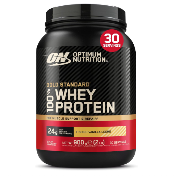 Frasco preto de suplemento 100% Whey Protein Optimum Nutrition sabor French Vanilla Crème