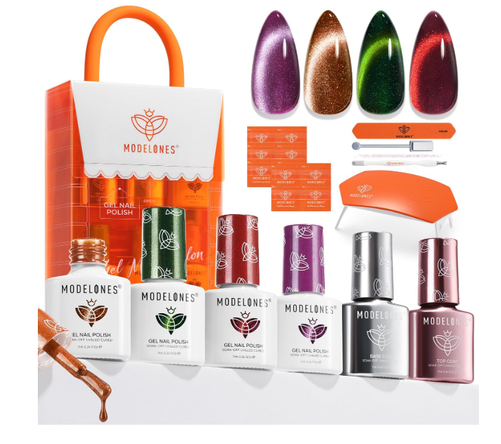 Kit de verniz gel MODELINES com cinco frascos coloridos, ferramentas de manicure e lâmpada LED