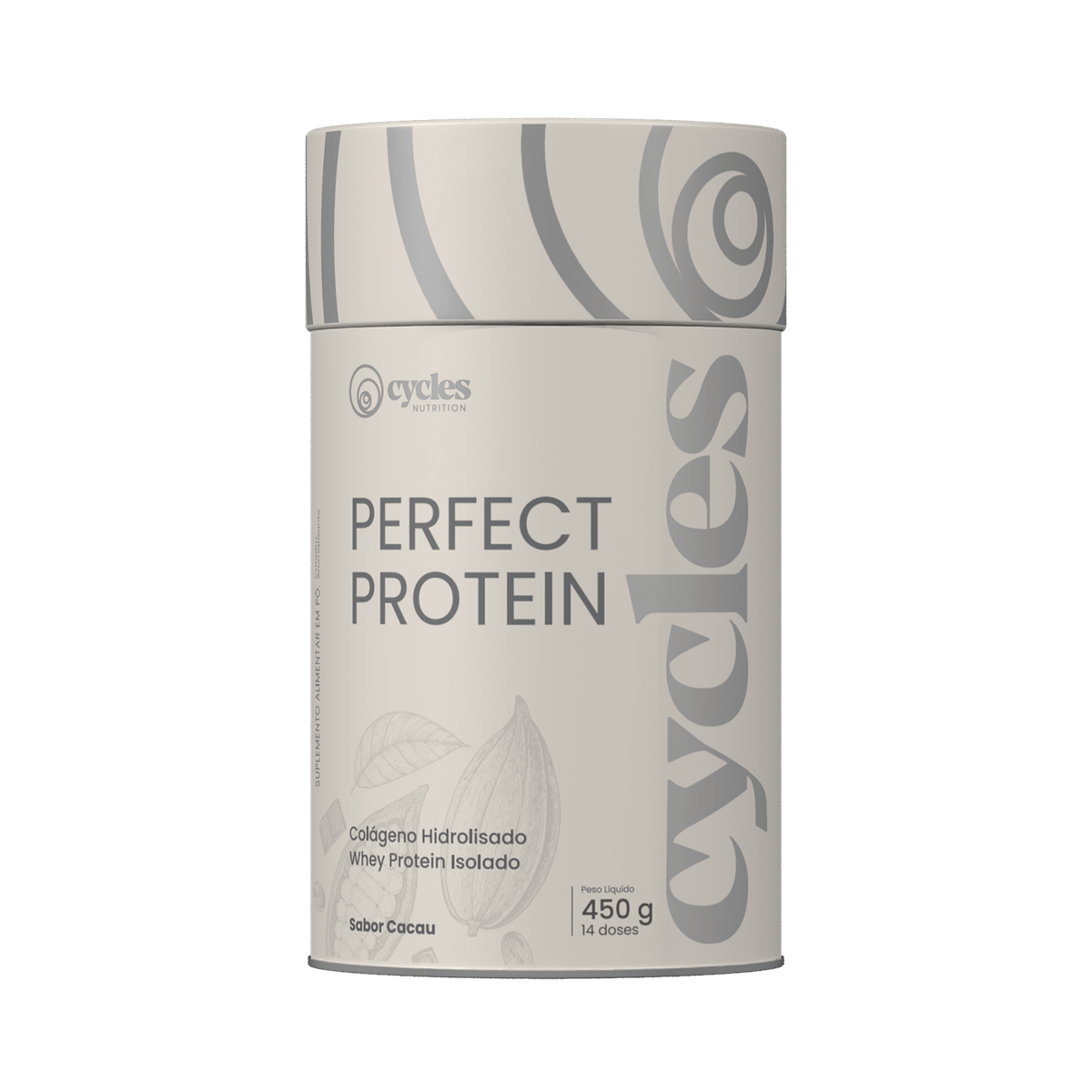 Embalagem cilíndrica branca de suplemento alimentar de proteína com texto e desenhos cinzentos.