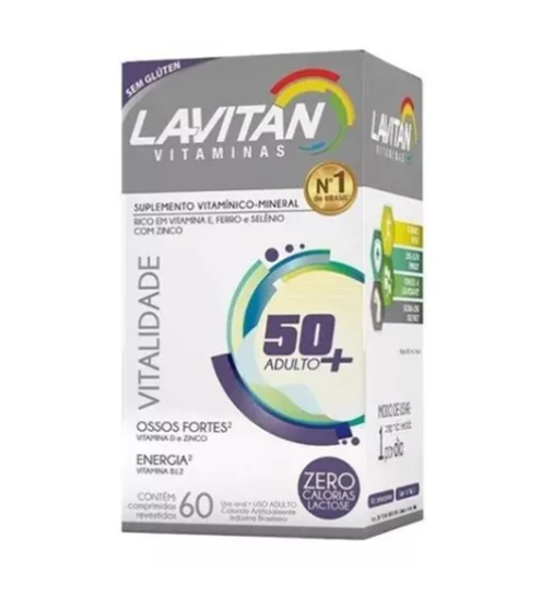 Caixa de suplemento vitamínico LAVITAN 50+ adulto com design branco e detalhes coloridos