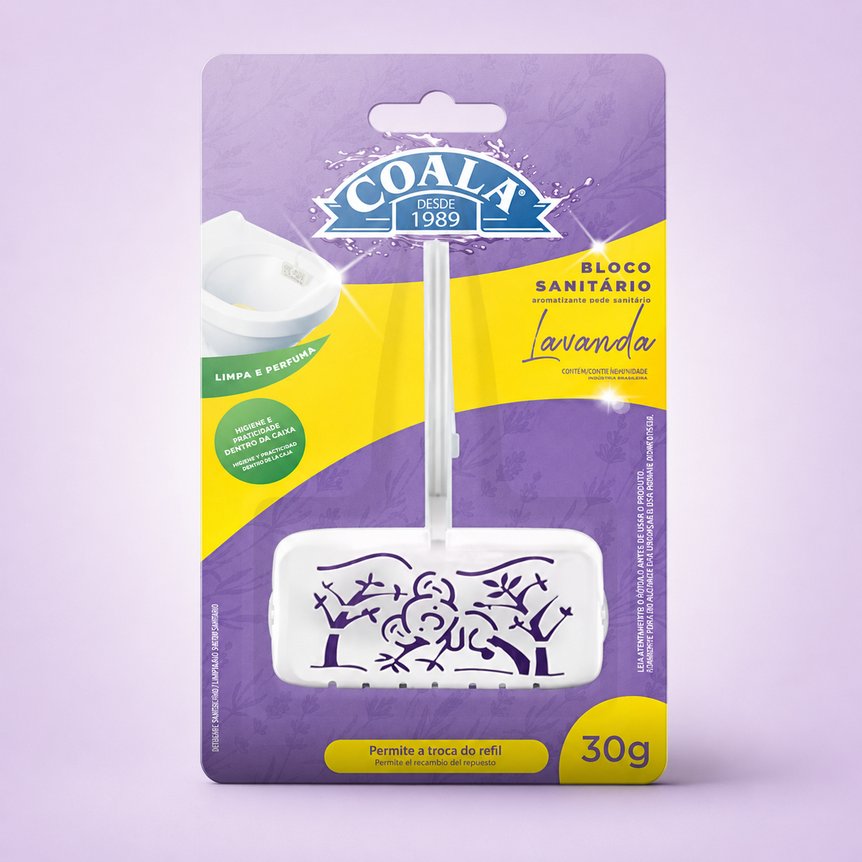 Bloco sanitário lavanda COALA embalagem lilás e amarelo com gancho plástico branco