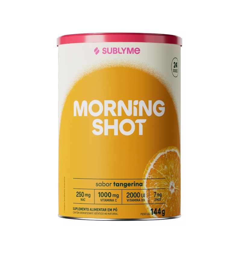 Suplemento alimentar MORNING SHOT sabor tangerina em embalagem branca e amarela com tampa rosa