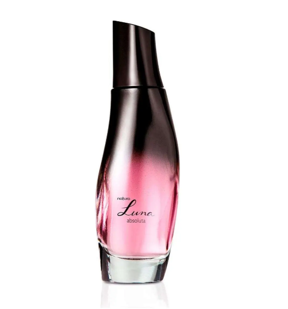 Frasco de perfume preto e rosa com tampa preta e texto de marca