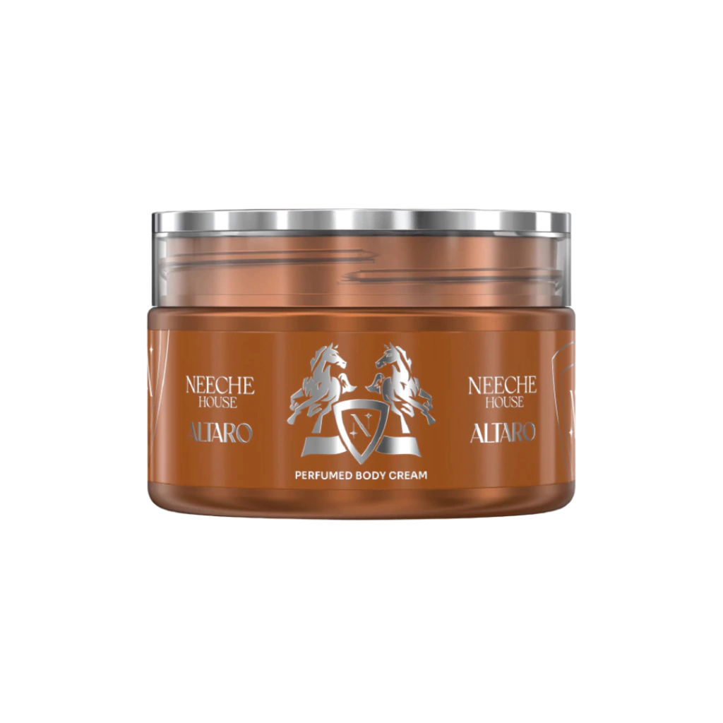 Frasco redondo castanho com tampa prateada de creme corporal perfumado