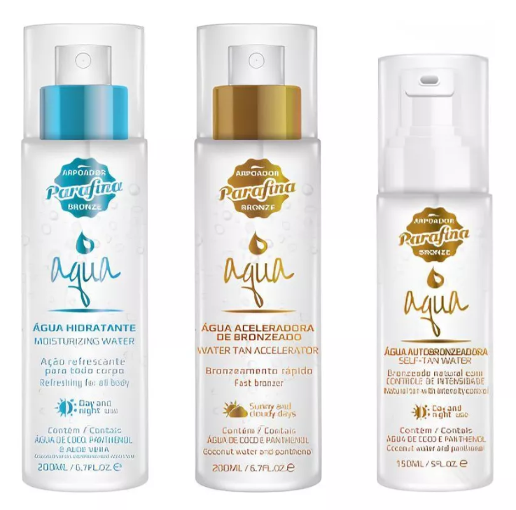 Três frascos de plástico transparante com produtos bronzeadores Arpoador Parafina Bronze em fundo branco.