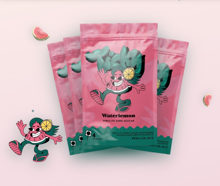 Embalagens de pirulitos Tickly Waterlemon com design rosa e verde e ícones de melancia