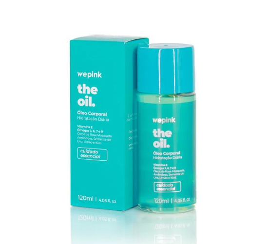 Frasco e caixa turquesa de óleo corporal Wepink The Oil com texto branco