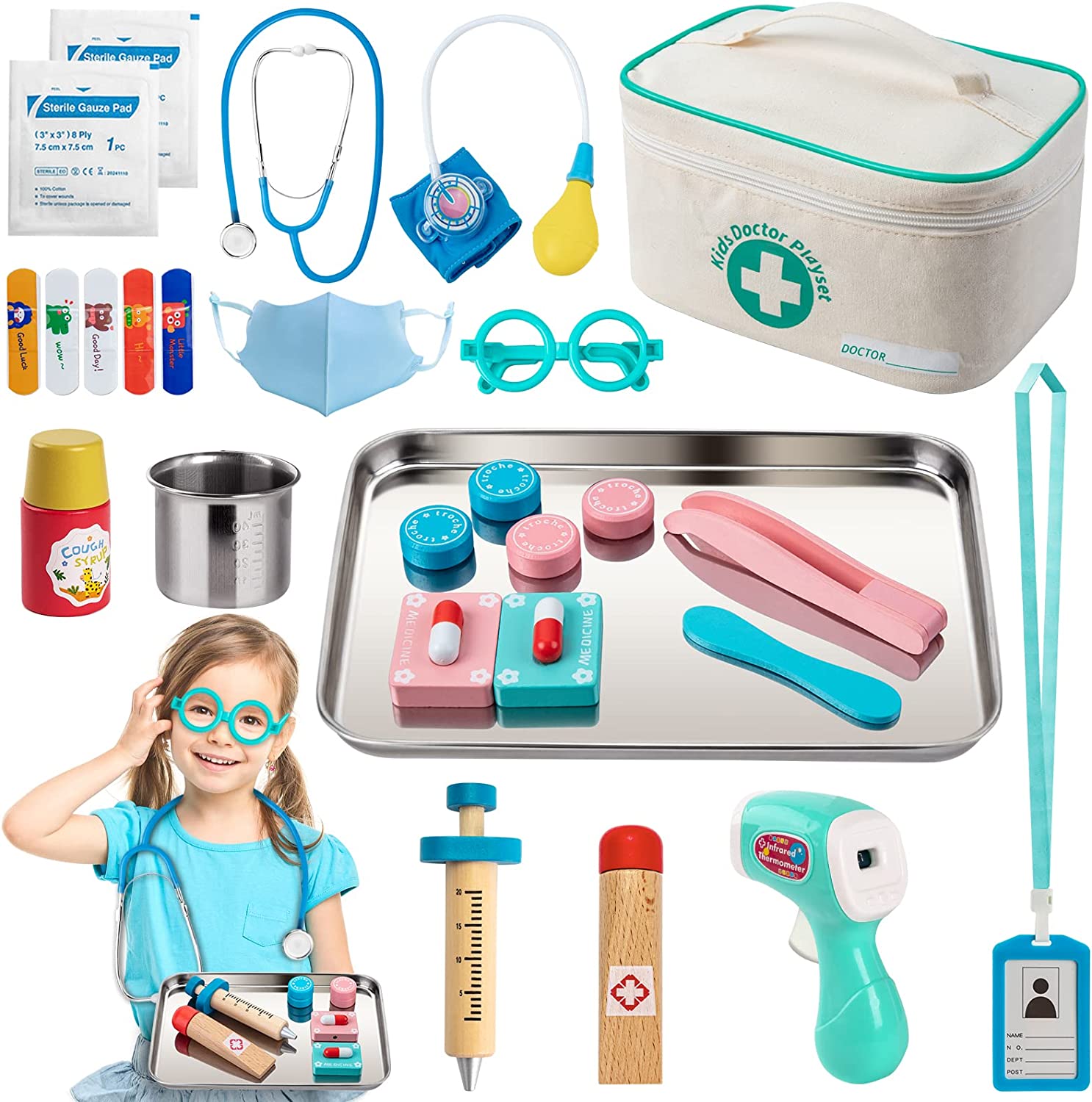 Brinquedos médicos infantis com estojo, estetoscópio, seringas, termómetro, bandagens, máscara e óculos